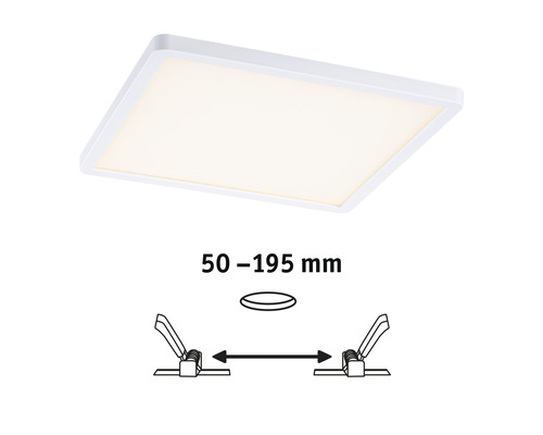 Quadratische LED Deckenleuchte mit Installationsschema für eine Einbauöffnung von 50 bis 195 Millimeter