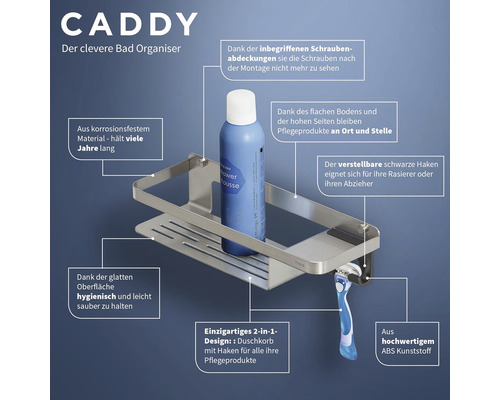 Duschkorb mit Haken zur Aufbewahrung von Pflegeprodukten und Rasierer