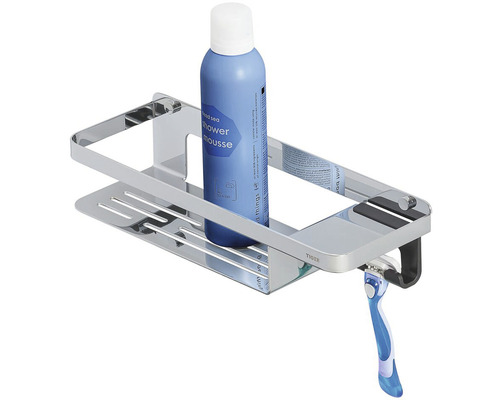 Étagère de douche chromée avec mousse de douche et rasoir