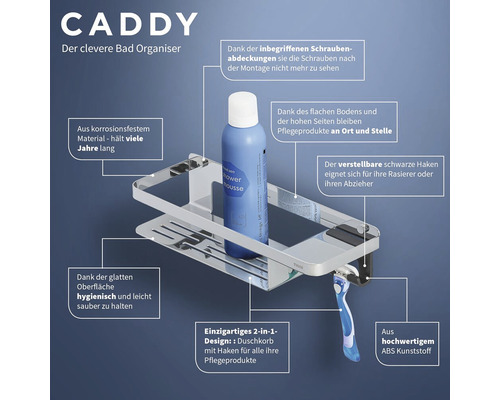 Duschablage aus korrosionsbeständigem Material mit Haken zur Aufbewahrung von Pflegeprodukten und Rasierern