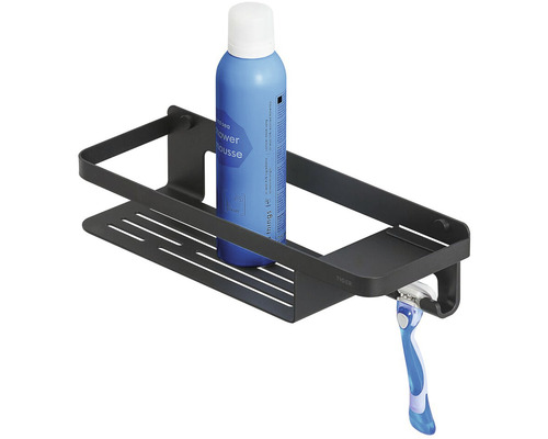 Étagère de douche noire avec mousse de douche et rasoir