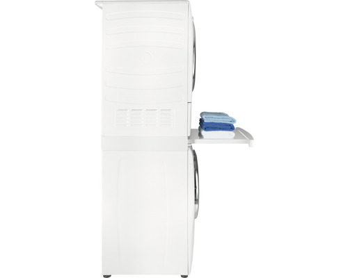 Lave-linge et sèche-linge dans la buanderie avec étagère et serviettes