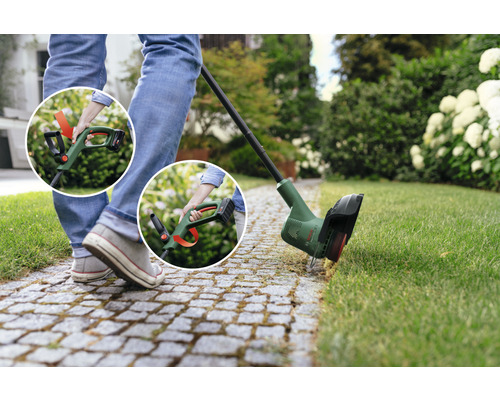 Coupe-bordures à batterie en cours d''utilisation pour l''entretien de la pelouse dans le jardin.