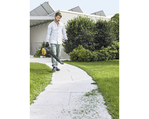 Un homme nettoie une allée avec un souffleur de feuilles