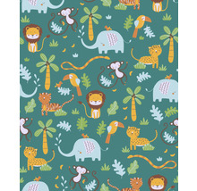 Illustration mit Dschungeltieren wie Löwen, Elefanten, Affen, Tigern, Leoparden und Vögeln