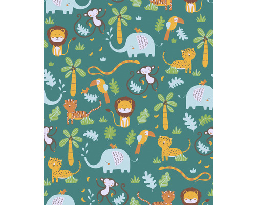 Illustration mit Dschungeltieren wie Löwen, Elefanten, Affen, Tigern, Leoparden und Vögeln