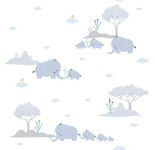 Papier peint avec des familles d''éléphants et des arbres