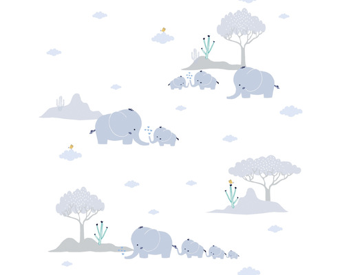 Papier peint avec des familles d''éléphants et des arbres