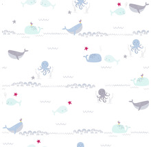 Papier peint avec baleines, pieuvres, étoiles de mer et vagues