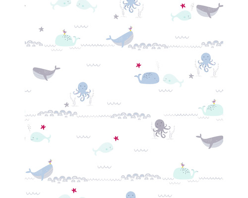Papier peint avec baleines, pieuvres, étoiles de mer et vagues