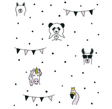 Tapete mit Lama, Panda, Einhorn und Flamingo Muster