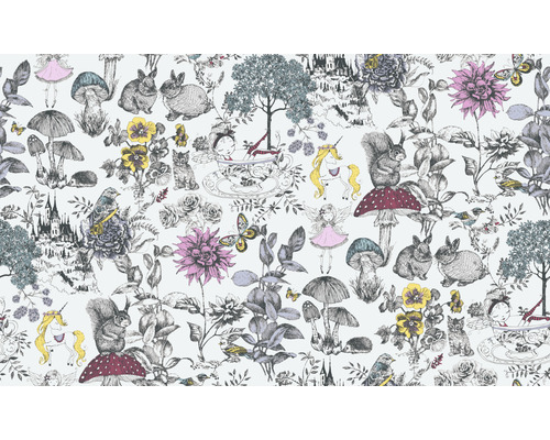 Tapete mit Märchenmotiven, inklusive Tiere, Blumen und Fabelwesen