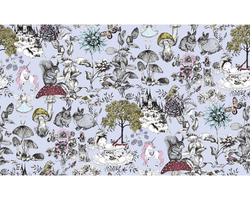 Papier peint avec des motifs de forêt, comprenant des écureuils, des champignons, des licornes et des fleurs