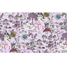 Illustration avec des motifs de contes de fées, comprenant des animaux, des fleurs, des châteaux et des créatures mythiques