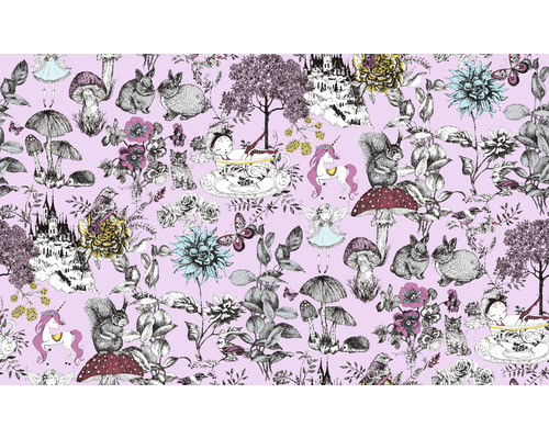 Illustration avec des motifs de contes de fées, comprenant des animaux, des fleurs, des châteaux et des créatures mythiques