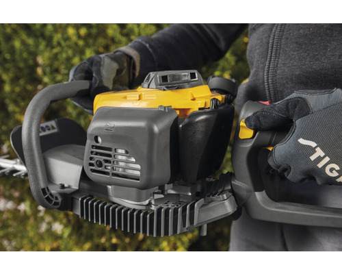 Une personne tient un taille-haie jaune et gris