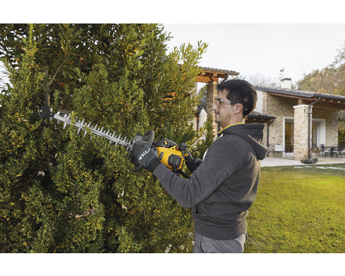 Un homme taille une haie avec un taille-haie dans le jardin
