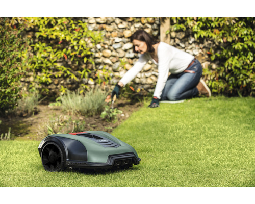 Ein Rasenmähroboter steht auf einer Rasenfläche, während eine Frau im Hintergrund im Garten arbeitet.