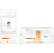Zwei Smartphones zeigen die Netatmo Thermostat App mit Temperaturregelung und Diagrammdarstellung