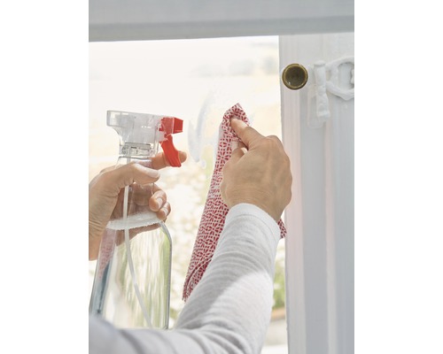 Nettoyage d''une vitre avec un vaporisateur et un chiffon