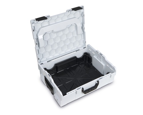 Boîte à outils blanche ouverte avec insert noir.