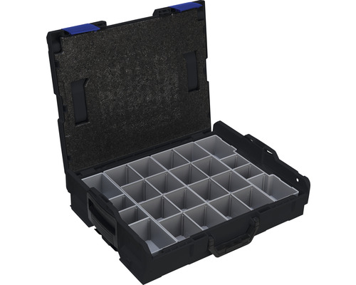 Offene, schwarze Sortimentskiste mit Fächern zur Aufbewahrung von Kleinteilen