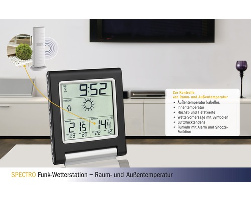 Station météo sans fil SPECTRO avec affichage de la température intérieure et extérieure, prévisions météorologiques et horloge radio-pilotée.
