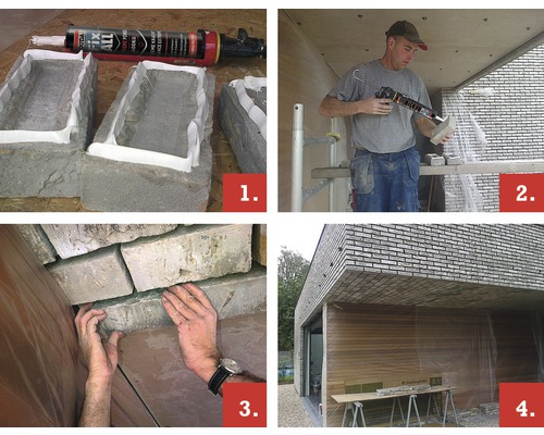 Quatre images montrent l''installation de parements avec de la colle.