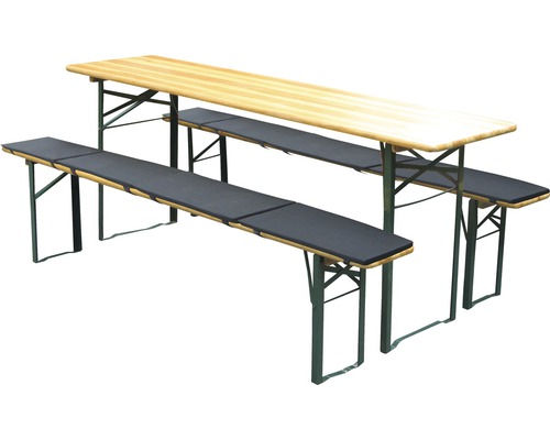Bierzeltgarnitur mit Tisch und zwei Bänken inklusive Polsterauflagen.