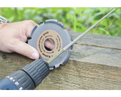 Kaindl Woodcarver Gold Scheibe mit Schleifstift und Bohrmaschine