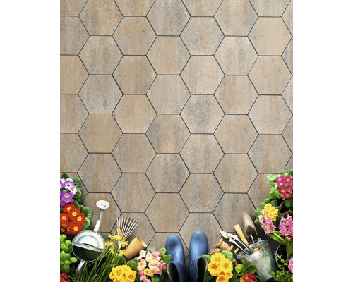 Pavés hexagonaux avec outils de jardin et fleurs
