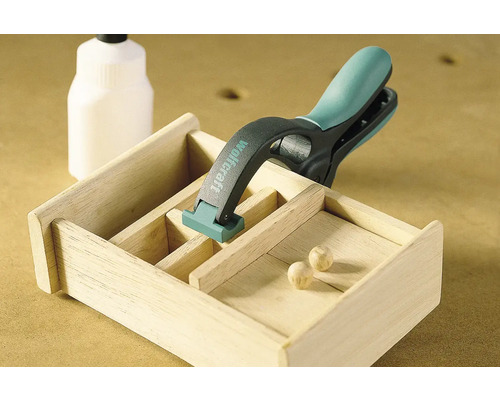 Boîte en bois avec flacon de colle et serre-joint à une main Wolfcraft