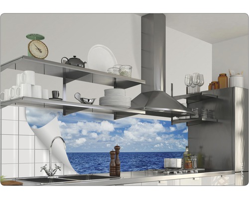 Scène de cuisine avec des étagères, une hotte aspirante et un évier devant un motif marin