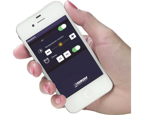 Un smartphone en main avec une application de commande de chauffage