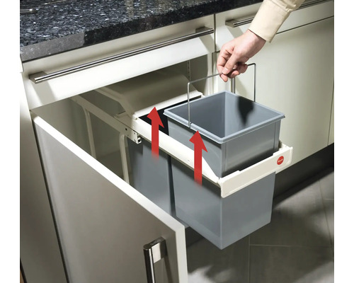 Système de tri des déchets pour placard de cuisine avec deux bacs gris et mécanisme coulissant