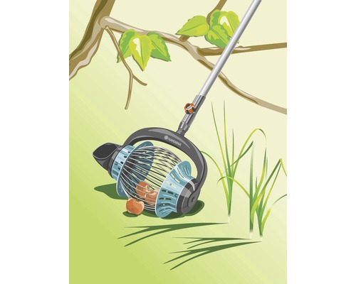 Illustration eines Obstsammlers mit Teleskopstiel unter einem Baum