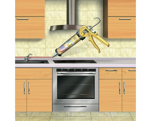 Pistolet à silicone devant une scène de cuisine