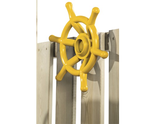 Volant de direction jaune en plastique pour équipements de jeux sur une clôture en bois