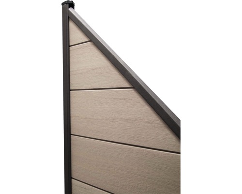 Detailansicht eines Zaunelements mit horizontalen Lamellen und Rahmen