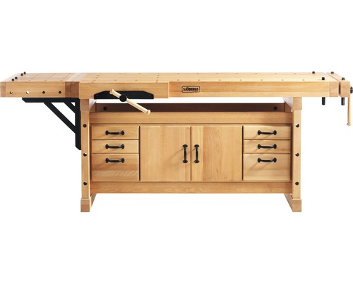 Werkbank aus Holz mit Schubladen und Schrankfächern.