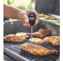 Weber Logo. Person misst mit einem digitalen Grillthermometer die Temperatur von Hähnchen auf einem Grill.