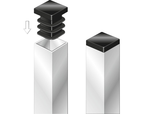 Illustration d''un bouchon de tube avant et après le montage sur un tube carré