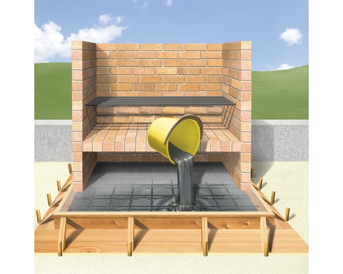 Illustration d''un barbecue de jardin en maçonnerie avec des fondations dans lesquelles du béton est coulé