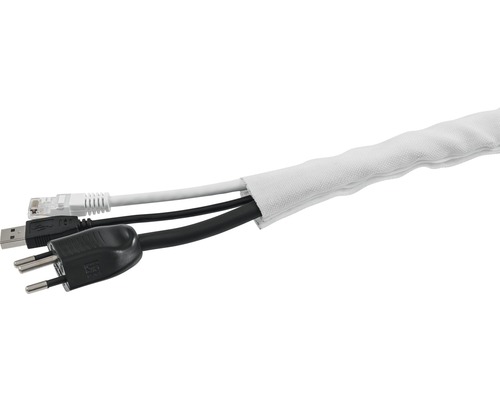 Kabelkanal aus Stoff mit Stromkabel, USB-Kabel und Netzwerkkabel