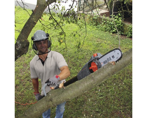 Homme coupant un arbre avec une scie à perche et portant des vêtements de protection