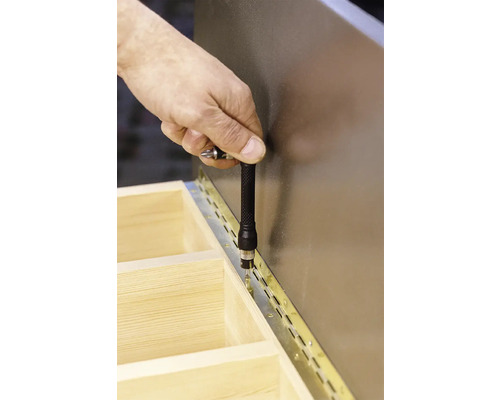 Hand schraubt Scharnier an Holzstruktur mit Schraubendreher