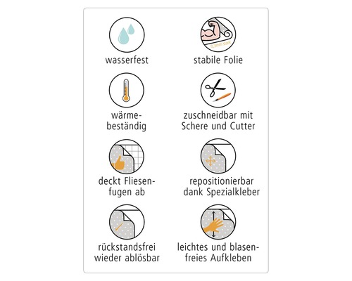 Symbole für wasserfest, stabile Folie, wärmebeständig, zuschneidbar mit Schere und Cutter, deckt Fliesenfugen ab, repositionierbar dank Spezialkleber, rückstandsfrei wieder ablösbar, leichtes und blasenfreies Aufkleben