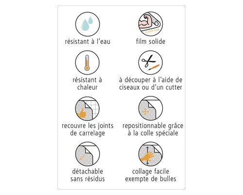 Symboles pour résistant à l''eau, film solide, résistant à la chaleur, à découper aux ciseaux ou au cutter, recouvre les joints de carrelage, repositionnable grâce à la colle spéciale, détachable sans résidus, collage facile sans bulles