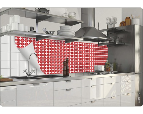 Vue de cuisine avec crédence à motif de croix suisse