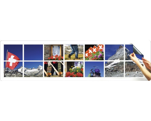 Autocollant mural avec des motifs suisses tels que des montagnes, des cors des Alpes et des drapeaux suisses